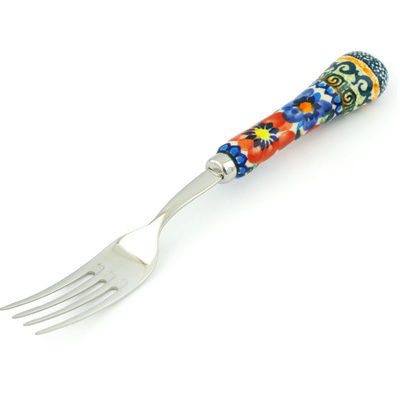 Polish Pottery Stainless Steel Fork 8&quot; Blue And Red Poppies UNIKAT