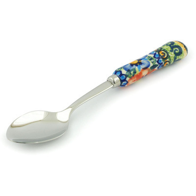 Polish Pottery Stainless Steel Spoon 6&quot; Blue And Red Poppies UNIKAT
