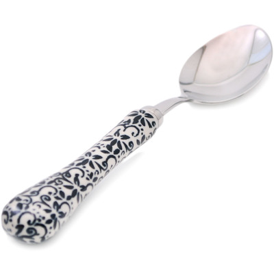 Polish Pottery Stainless Steel Spoon 8&quot; Black Lace Vines