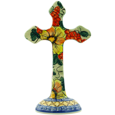 Polish Pottery Standing Cross 10&quot; Colorful Bouquet UNIKAT
