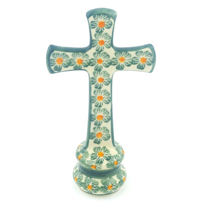 Polish Pottery Standing Cross 4&quot; Orange Blossoms