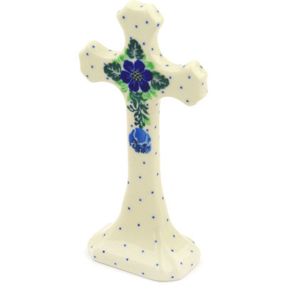 Polish Pottery Standing Cross 6&quot; Basket Of Blues