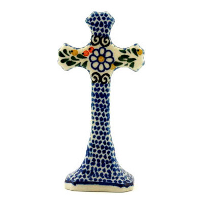 Polish Pottery Standing Cross 6&quot; Berries And Daisies