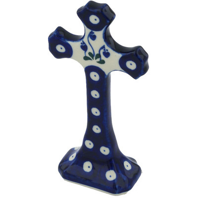 Polish Pottery Standing Cross 6&quot; Bleeding Heart Peacock