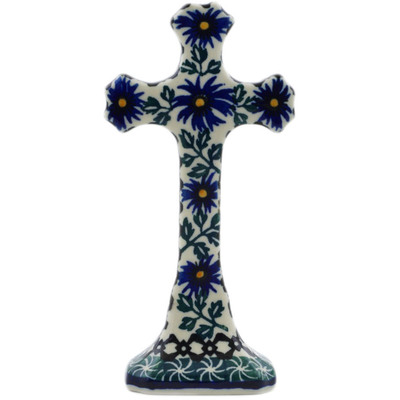 Polish Pottery Standing Cross 6&quot; Blue Chicory