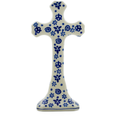 Polish Pottery Standing Cross 6&quot; Blue Confetti