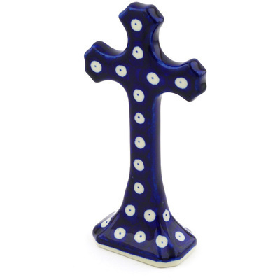 Polish Pottery Standing Cross 6&quot; Blue Eyes