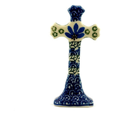 Polish Pottery Standing Cross 6&quot; Blue Fan Flowers