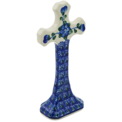 Polish Pottery Standing Cross 6&quot; Blue Poppies