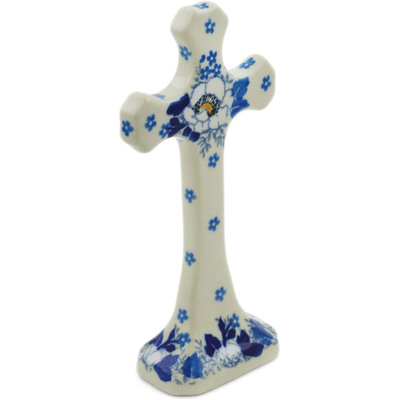 Polish Pottery Standing Cross 6&quot; Blue Spring