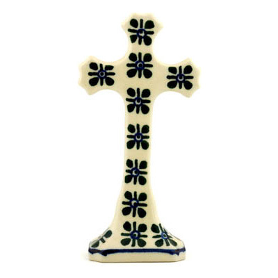 Polish Pottery Standing Cross 6&quot; Four Square Dots