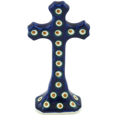 Polish Pottery Standing Cross 6&quot; Peacock Leaves