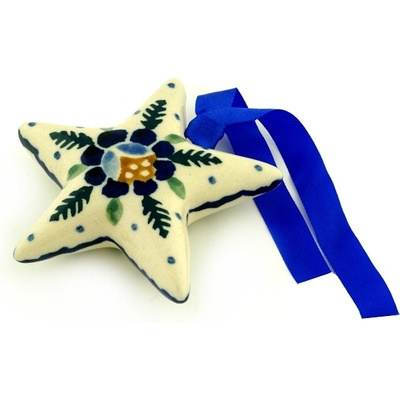 Polish Pottery Star Ornament 3&quot; Orange And Blue Flower