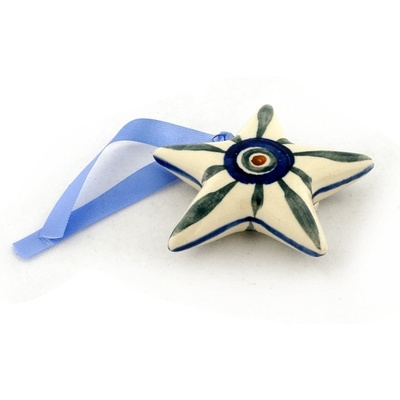 Polish Pottery Star Ornament 3&quot; Peacock Leaves