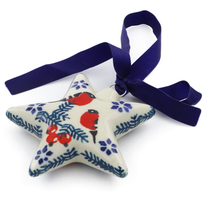 Polish Pottery Star Ornament 3&quot; Winter Bullfinch