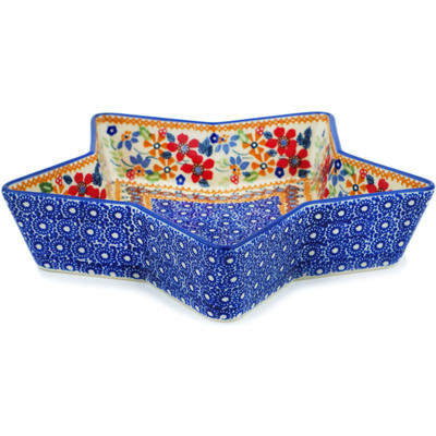 Polish Pottery Star Shaped Bowl 10&quot; Summer Bouquet UNIKAT