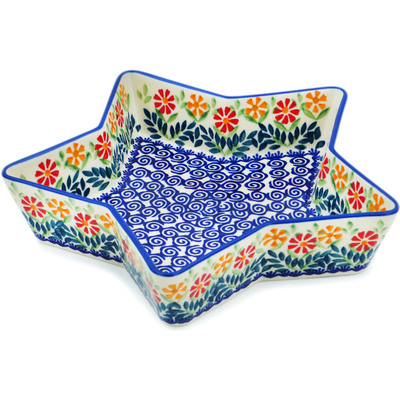 Polish Pottery Star Shaped Bowl 10&quot; Wave Of Flowers