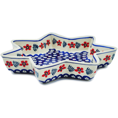 Polish Pottery Star Shaped Bowl 12&quot; Poppies And Ferns