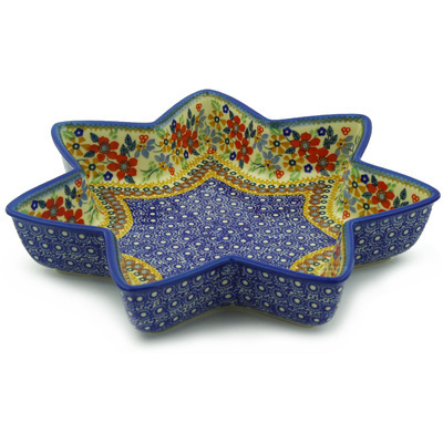 Polish Pottery Star Shaped Bowl 12&quot; Summer Bouquet UNIKAT
