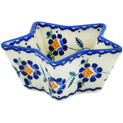 Polish Pottery Star Shaped Bowl 5&quot; Orange And Blue Flower