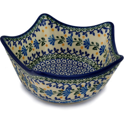 Polish Pottery Star Shaped Bowl 7&quot; Blue Fan Flowers