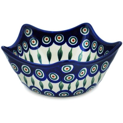 Polish Pottery Star Shaped Bowl 7&quot; Peacock Leaves