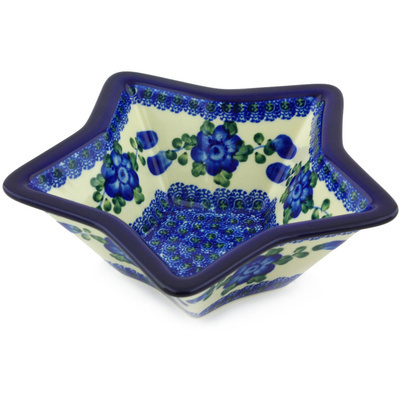 Polish Pottery Star Shaped Bowl 8&quot; Blue Poppies