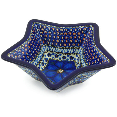 Polish Pottery Star Shaped Bowl 8&quot; Cobalt Poppies UNIKAT