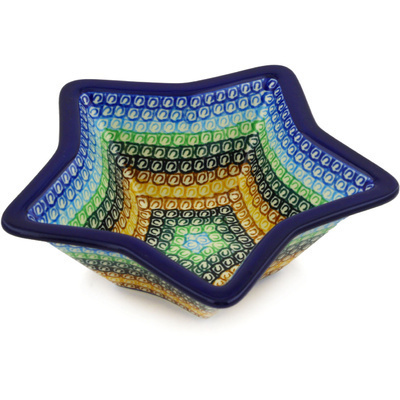 Polish Pottery Star Shaped Bowl 8&quot; Rainbow Swirl