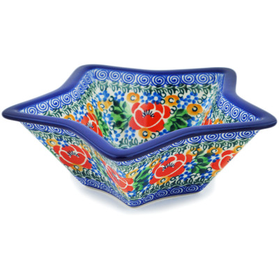 Polish Pottery Star Shaped Bowl 8&quot; Red Poppy Burst UNIKAT