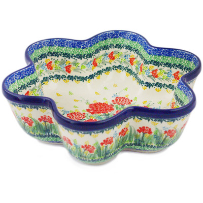 Polish Pottery Star Shaped Bowl 9&quot; Bright Carnations UNIKAT