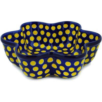 Polish Pottery Star Shaped Bowl 9&quot; Yellow Dots