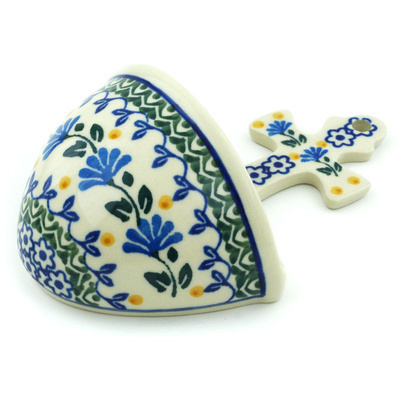 Polish Pottery Stoup 5&quot; Blue Fan Flowers