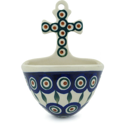 Polish Pottery Stoup 5&quot; Peacock Leaves