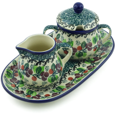 Polish Pottery Sugar and Creamer Set 10&quot; Berry Garland