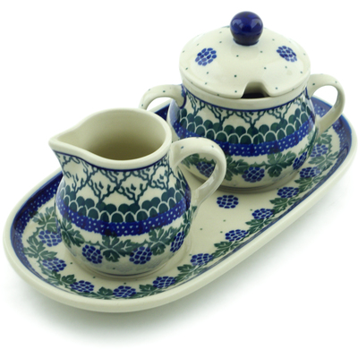 Polish Pottery Sugar and Creamer Set 10&quot; Blackberry Vines