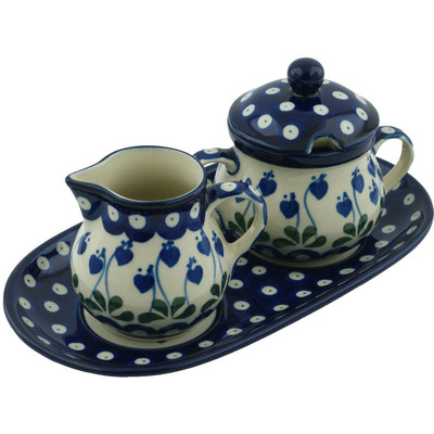 Polish Pottery Sugar and Creamer Set 10&quot; Bleeding Heart Peacock