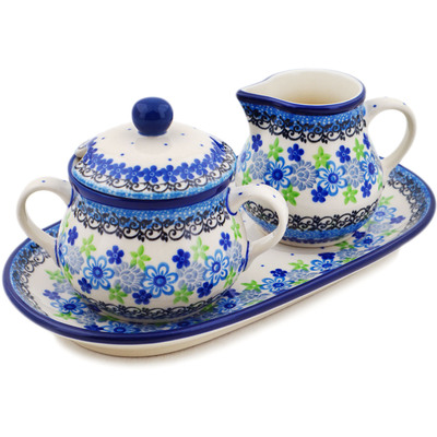 Polish Pottery Sugar and Creamer Set 10&quot; Blue And Green Flower Dream
