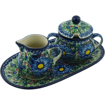 Polish Pottery Sugar and Creamer Set 10&quot; Blue Bud Delight UNIKAT