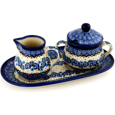 Polish Pottery Sugar and Creamer Set 10&quot; Blue Bud Sea