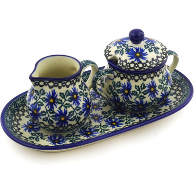 Polish Pottery Sugar and Creamer Set 10&quot; Blue Chicory