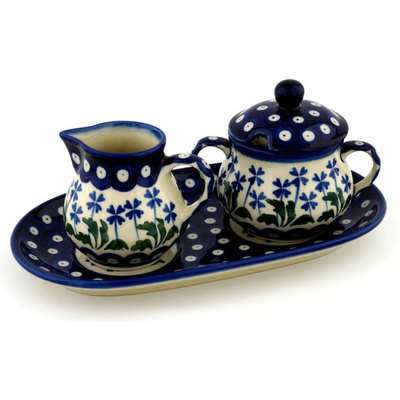 Polish Pottery Sugar and Creamer Set 10&quot; Blue Clover Peacock