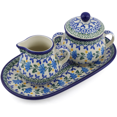 Polish Pottery Sugar and Creamer Set 10&quot; Blue Fan Flowers