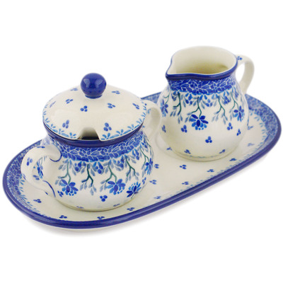 Polish Pottery Sugar and Creamer Set 10&quot; Blue Grapevine