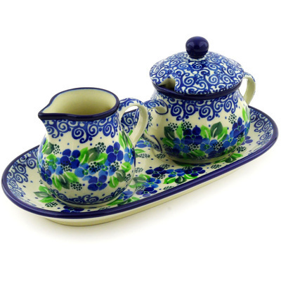 Polish Pottery Sugar and Creamer Set 10&quot; Blue Phlox