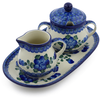 Polish Pottery Sugar and Creamer Set 10&quot; Blue Poppies