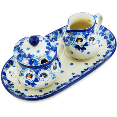 Polish Pottery Sugar and Creamer Set 10&quot; Blue Spring