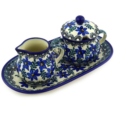 Polish Pottery Sugar and Creamer Set 10&quot; Blue Violets