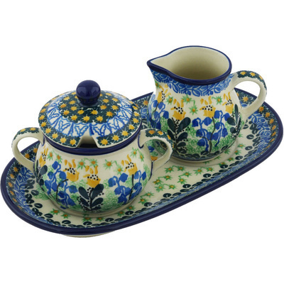 Polish Pottery Sugar and Creamer Set 10&quot; Bluebells And Irises UNIKAT