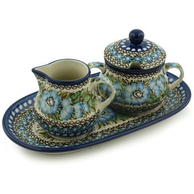 Polish Pottery Sugar and Creamer Set 10&quot; Blueberry Garden UNIKAT